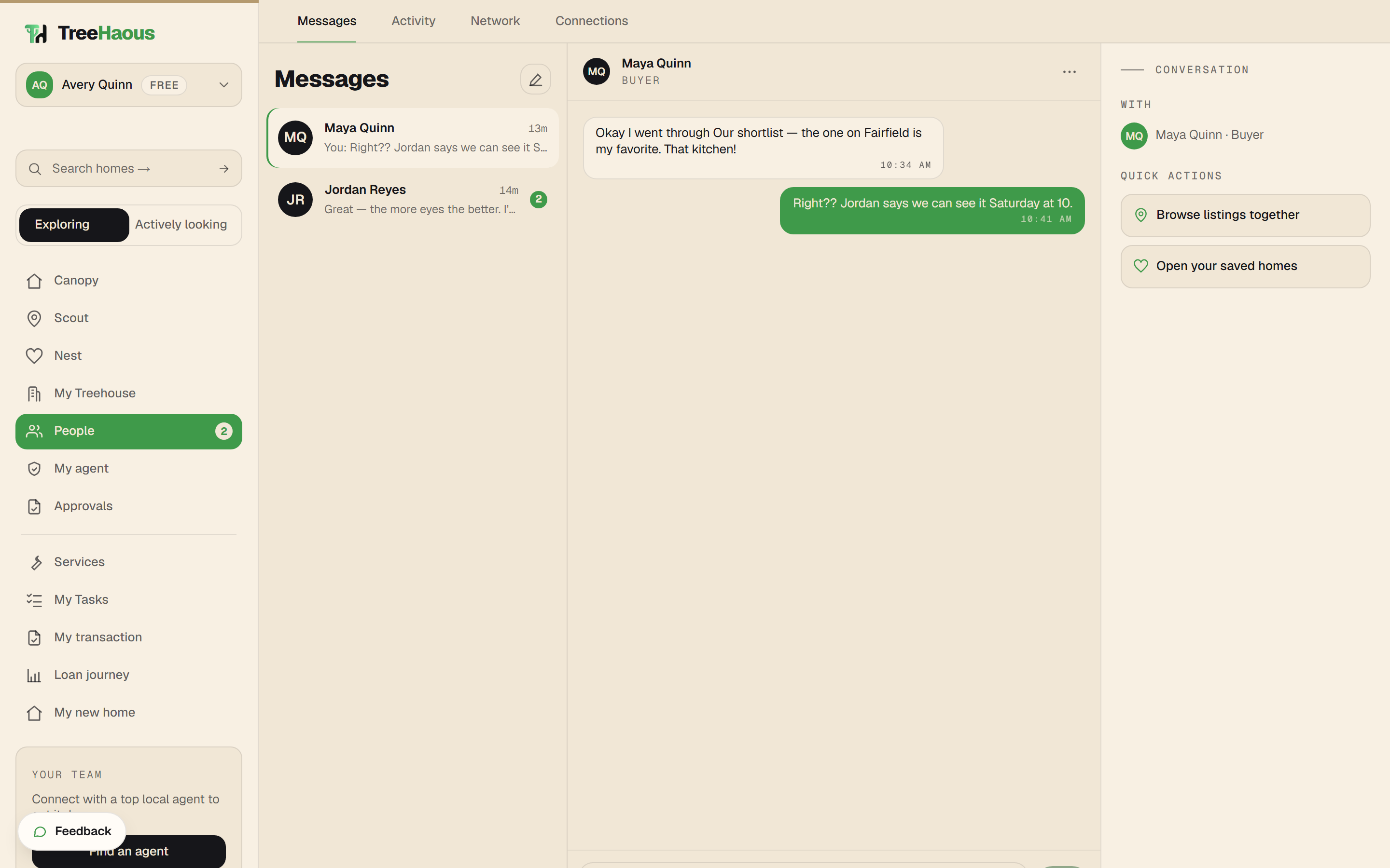Messaging: a conversation about a shortlisted home with quick actions