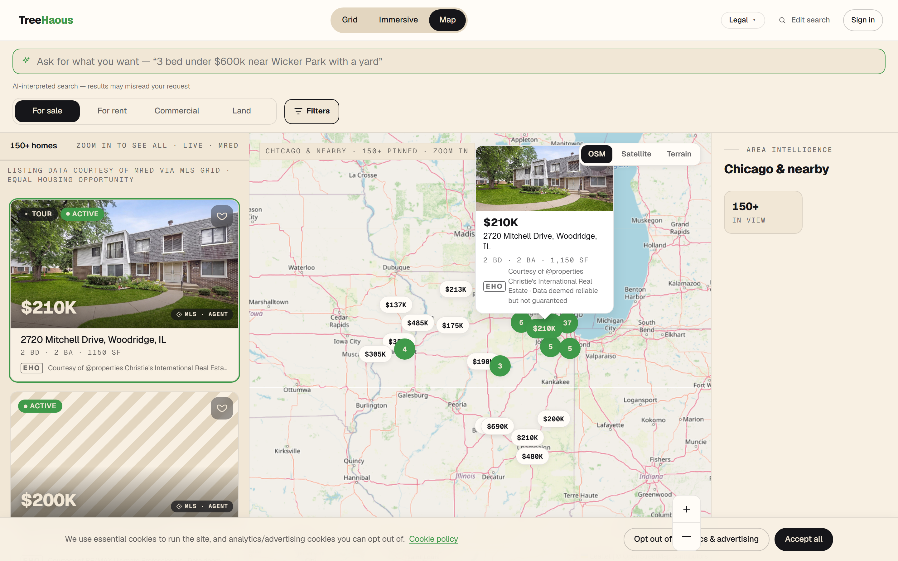 Scout: a live map of Chicago listings beside a rail of matching homes